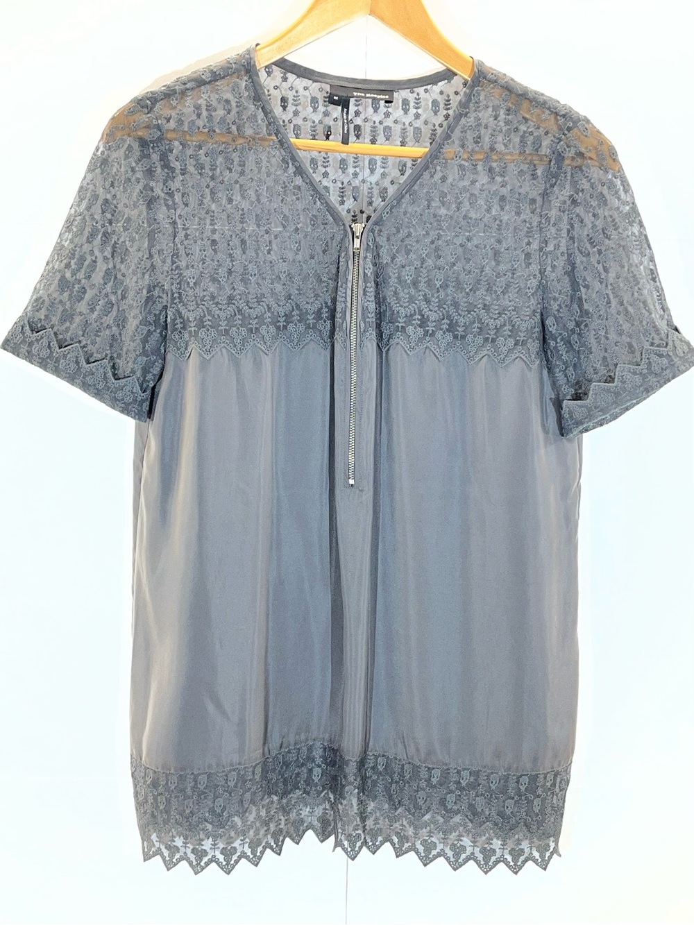 The Kooples Slate Gray Skull/Lace Trim Zip Blouse